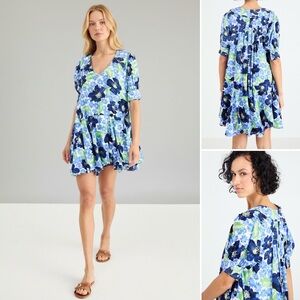 Free People Tiered Shift Mini Dress Puff Sleeve Buttons Cuff Point Collar